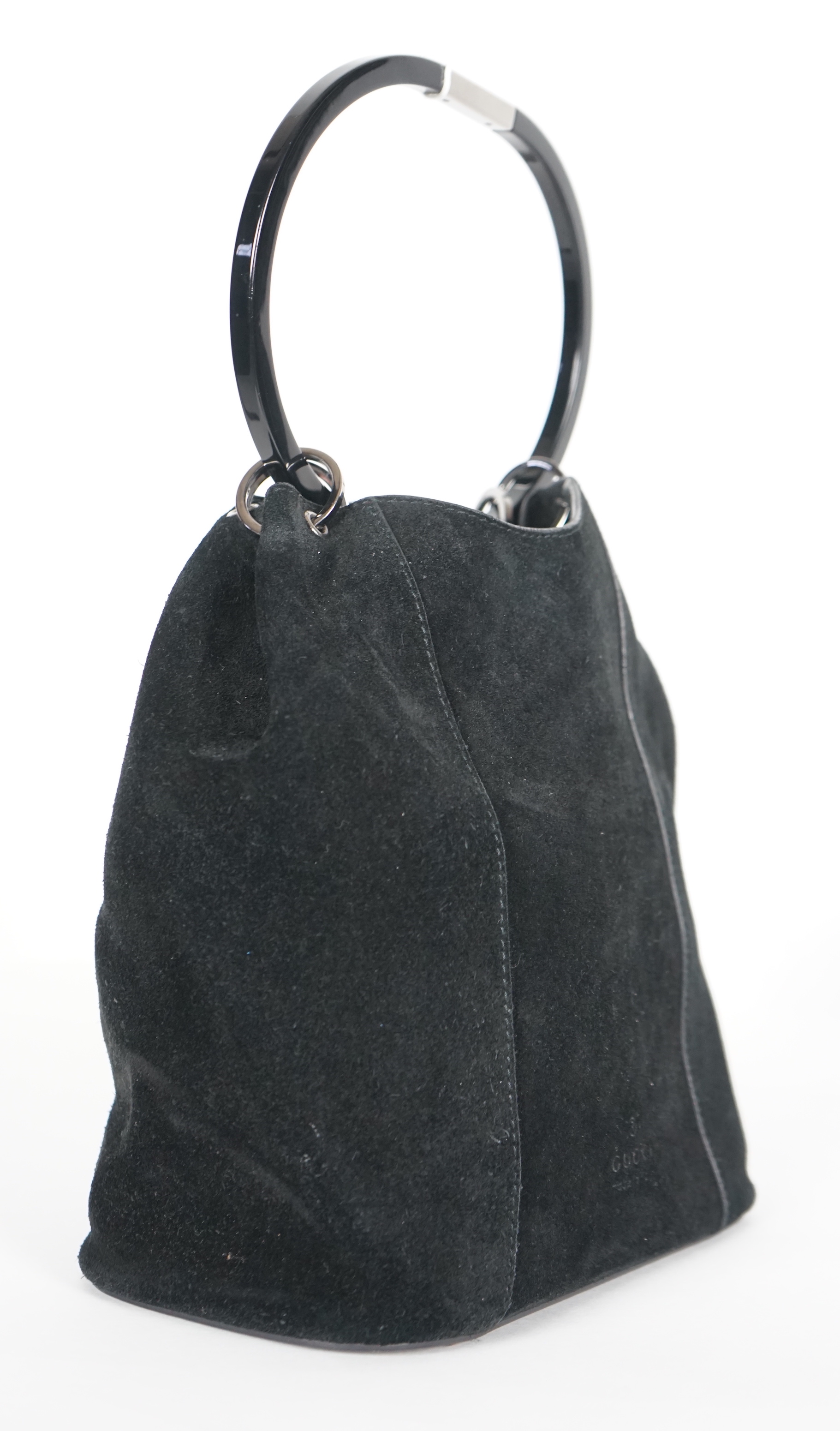 A vintage Gucci black Tom Ford era suede handbag, with dust bag, width 21cm, height overall 35cm, depth 11cm, Please note this lot attracts an additional import tax of 20% on the hammer price